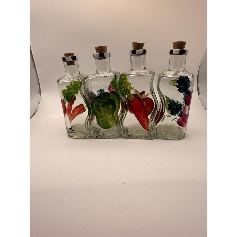 Set of 4 Vintage 80s 90s Cruet Vinegar Oil Handpainted Glassware with Cork Top